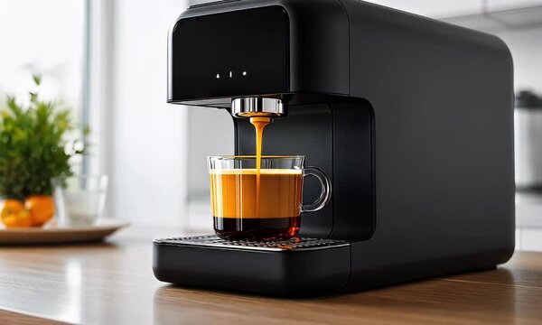 Coffee machine brews coffee into a glass cup. Minimalist design on a wooden counter