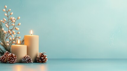 Serene winter scene with candles, pinecones, and frosty background in soft turquoise hues.