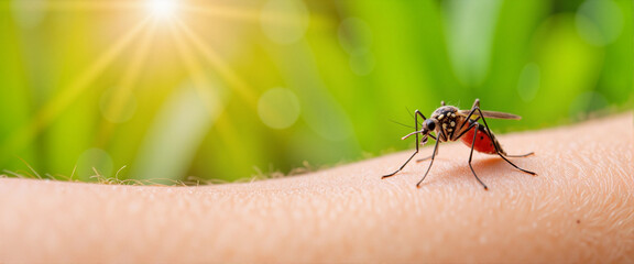Close-up view of mosquito feeding on skin in natural setting, nature's intricacy