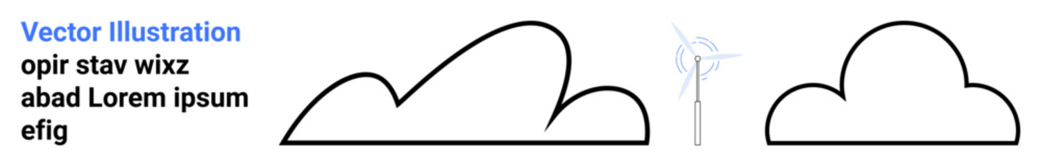Wind turbine spinning next to two outlined clouds with abstract text. Ideal for sustainability, renewable energy, climate awareness, eco-friendly technology, clean air, future energy solutions
