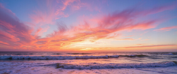 Enchanting dawn over ocean waves, serene seaside panorama