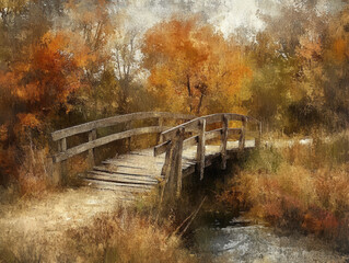 Autumn landscape oil painting with wooden bridge over creek with fall foliage trees
