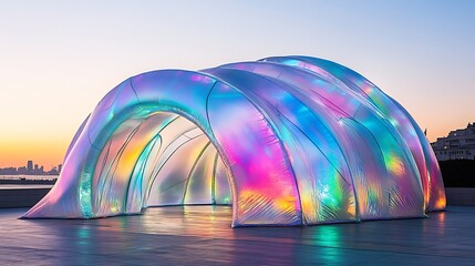 Futuristic inflatable pavilion structure with lightweight fabric membranes modular dome formations iridescent surfaces and a flexible ephemeral design ideal for temporary architectural installations