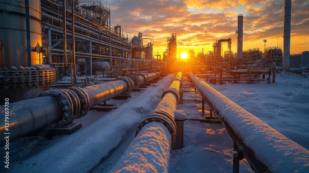 Poster pipelines are topped with snow as the sun rises over a mining and energy facility. industrial struct