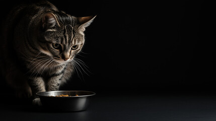 Gray tabby cat with a bowl of food on a dark background