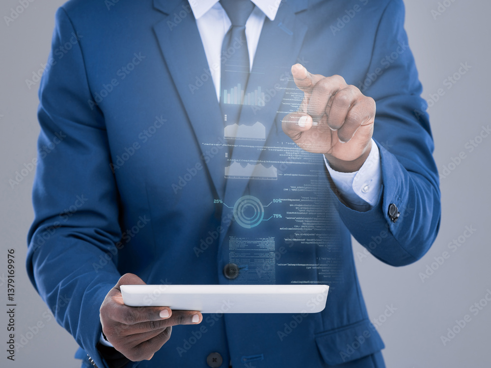 Aufkleber hologram, tablet and hands of business man in studio with graph for statistics, website and finance.