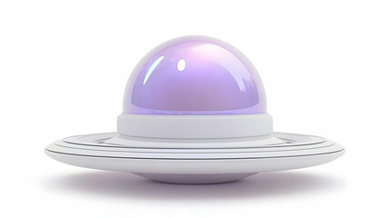 Fototapeta premium Isolated Three Dimensional Rendering of Flying Saucer with Purple Dome and White Body on White Background for Creative Use