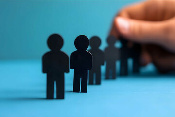 Closeup of a hand holding a black paper figure in line with other figures on a blue background a concept related to human resources