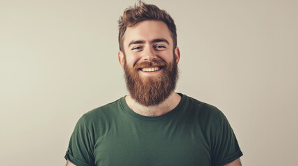 A bearded man in a green t-shirt smiles against a neutral background.