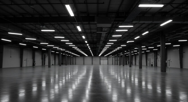 Vast Empty Warehouse Space: High Ceilings, Polished Floors & Bright Lights - Ready for Storage, Events, or Industrial Use.