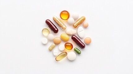 Assorted multicolored capsules and tablets arranged aesthetically on a white background.