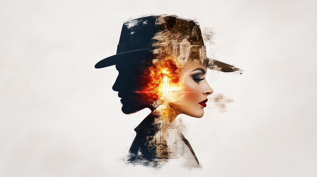 Silhouette of man and woman in artistic display with fiery background blending into their profiles. Dynamic representation of contrasting identities and emotions