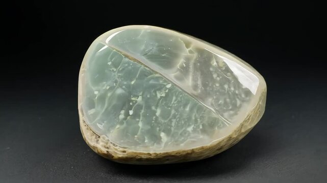 A polished, translucent Tridacna stone with a smooth surface, displaying a mix of light green and beige colors. The stone has a glossy finish and is set against a dark background.