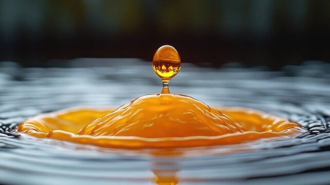 Vibrant orange drop impacting water