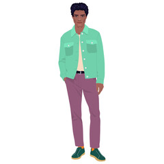 Stylish Young Man in Casual Fashionable Outfit. A modern illustration of a handsome guy with dark curly hair, wearing a mint green denim jacket, beige t-shirt, burgundy pants.