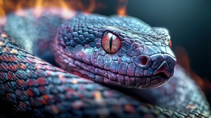 Fototapeta premium A striking snake with vivid scales coils majestically, its golden eyes glinting. The background features abstract flames, creating a powerful visual contrast at dusk