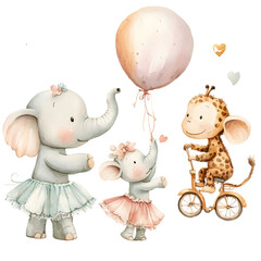 watercolor Cute and funny illustrated elephants wearing ballerina skirts a giraffe riding a bicycle and monkeys driving cars in a joyful parade white backgrou