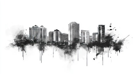 Fototapeta premium Monochromatic Cityscape: An Artistic Watercolor Rendering of an Urban Skyline