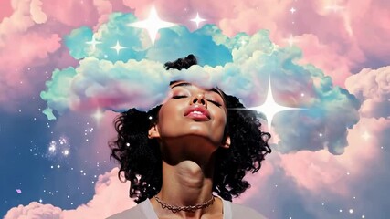 Surreal video concept with a dreamy style, featuring a woman in close-up, clouds blending with her hair, viewed from a low angle against a starry sky. - Powered by Adobe