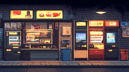 Pixel Art Arcade with Vending Machines on a Brick Sidewalk at Night With Retro 8 bit Style