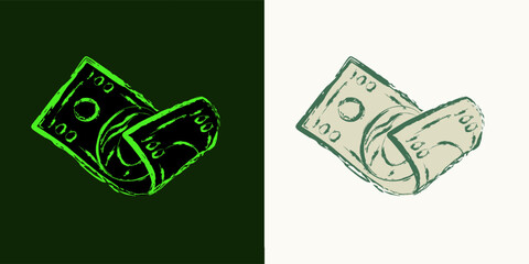 Folded bent american 100 dollar bill with front side. Falling, flying banknote. Cash money. Outline contour illustration. Single isolated object. Grunge style. Neon fluorescent green color