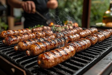 Delicious Grilled Sausages Summer Barbecue Food Photography High Resolution Image Perfect for Menus Websites Blogs Cookbooks Recipe Books Tasty Grilled Meat Close Up Shot Juicy Brown Sausages bbq meal