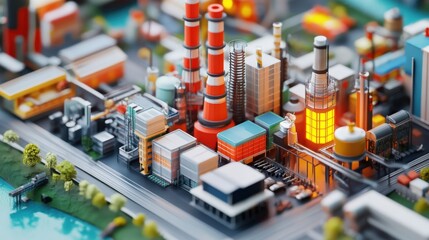 Industrial cityscape model urban environment 3d render vibrant colors aerial view modern manufacturing concept.