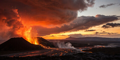Fototapeta premium Volcanic Eruption at Sunset with Fiery Sky