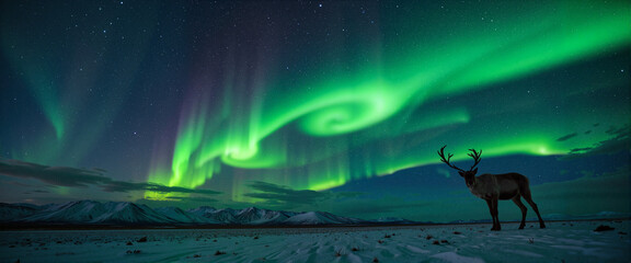 Majestic reindeer standing under vibrant aurora borealis, northern beauty