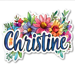 Watercolorstyle sticker of a the word Christine with a Floral Paisley on a white background in the form of a diecut sticker design