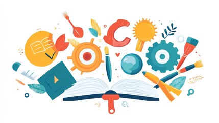 Obraz premium Open book surrounded by creative tools, concept image