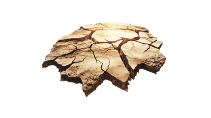Floating cracked earth piece isolated on white. Abstract concept for environmental themes, desert landscape, and climate issues.