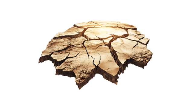 Floating cracked earth piece isolated on white. Abstract concept for environmental themes, desert landscape, and climate issues.
