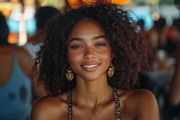Beautiful Black Woman Smiling Happy Portrait Natural Curly Hair Golden Earrings Summer Fashion Lifestyle Outdoors Joyful Cheerful Attractive Model Brown Skin Tone sun girl warm chic photo image pretty