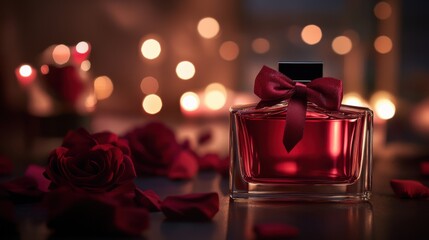 Valentine gift romantic personalized concept. Elegant perfume bottle display romantic setting product photography soft lighting luxury concept.