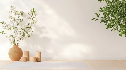 Minimalist interior with decorative plants and vases against a light wall, creating a serene atmosphere.
