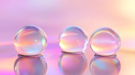 Three iridescent glass spheres reflecting on a pastel surface, creating a serene and dreamy atmosphere.