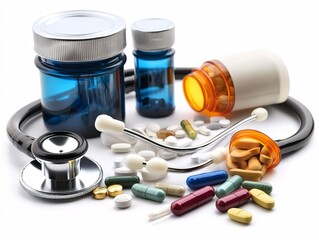 Medical Essentials: A vibrant assortment of prescription pills and medicines is artfully arranged alongside a stethoscope, symbolizing health and pharmaceutical care.