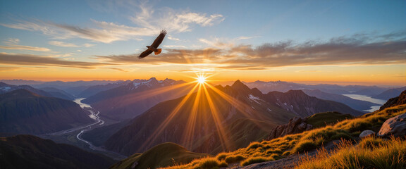 Majestic sunset over rugged mountains with soaring eagle, wilderness beauty