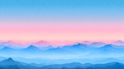 Obraz premium Pixel Art Landscape of Blue Mountains and Pink Sky with Sparse Stars in Digital Low Resolution and Geometric Design