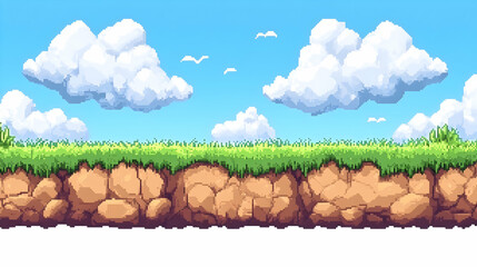 Pixel Art Landscape with Green Grass Hill Under Blue Sky and Fluffy Clouds, Simple Game Background with Detailed Ground Terrain and Distant Flying Birds