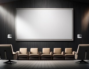 Modern empty cinema auditorium with large blank screen and comfortable seating, mockup