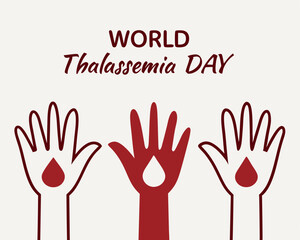 Obraz premium World Thalassemia Day: three hands showing support with blood drops.