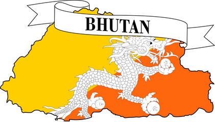 The map of Bhutan overlaid with the flag of Bhutan and its name written on a ribbon