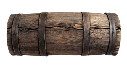 Aged wooden barrel isolated on white background. Rustic oak container for wine storage, distillery, and vintage decor.