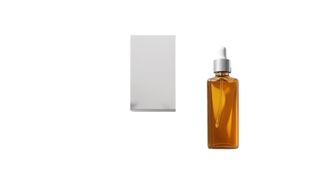 Amber glass dropper bottle mockup with a blank box on a white background. A cosmetic product packaging concept for skincare, essential oils, and medicine.