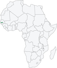 Detailed national location map of THE GAMBIA within the great continent of Africa