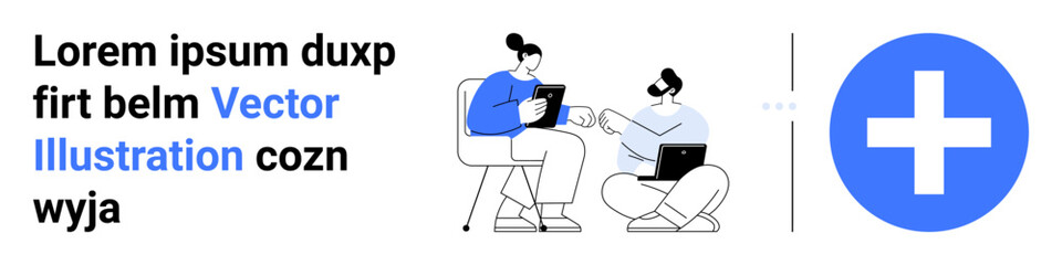 Two individuals discuss and review digital content on tablets and laptops beside a large medical cross. Ideal for healthcare, teamwork, tech support, education, telemedicine, innovation, simple