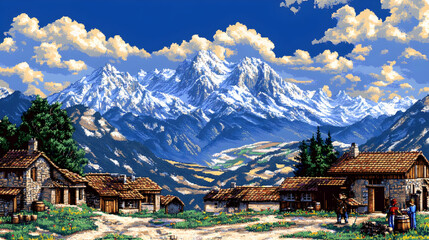 Fototapeta premium Pixel Art Mountain Village Scene with Snow Capped Peaks Above Verdant Valley and Rustic Buildings Under Cloudy Blue Sky