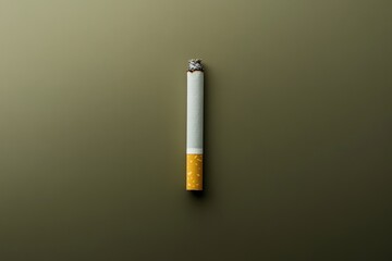 A burning cigarette on a neutral olive green background